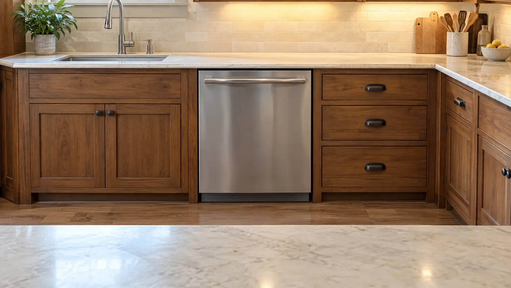 A dishwasher in a craftsman house kitchen in warm stained wood with built-in cabinetry.