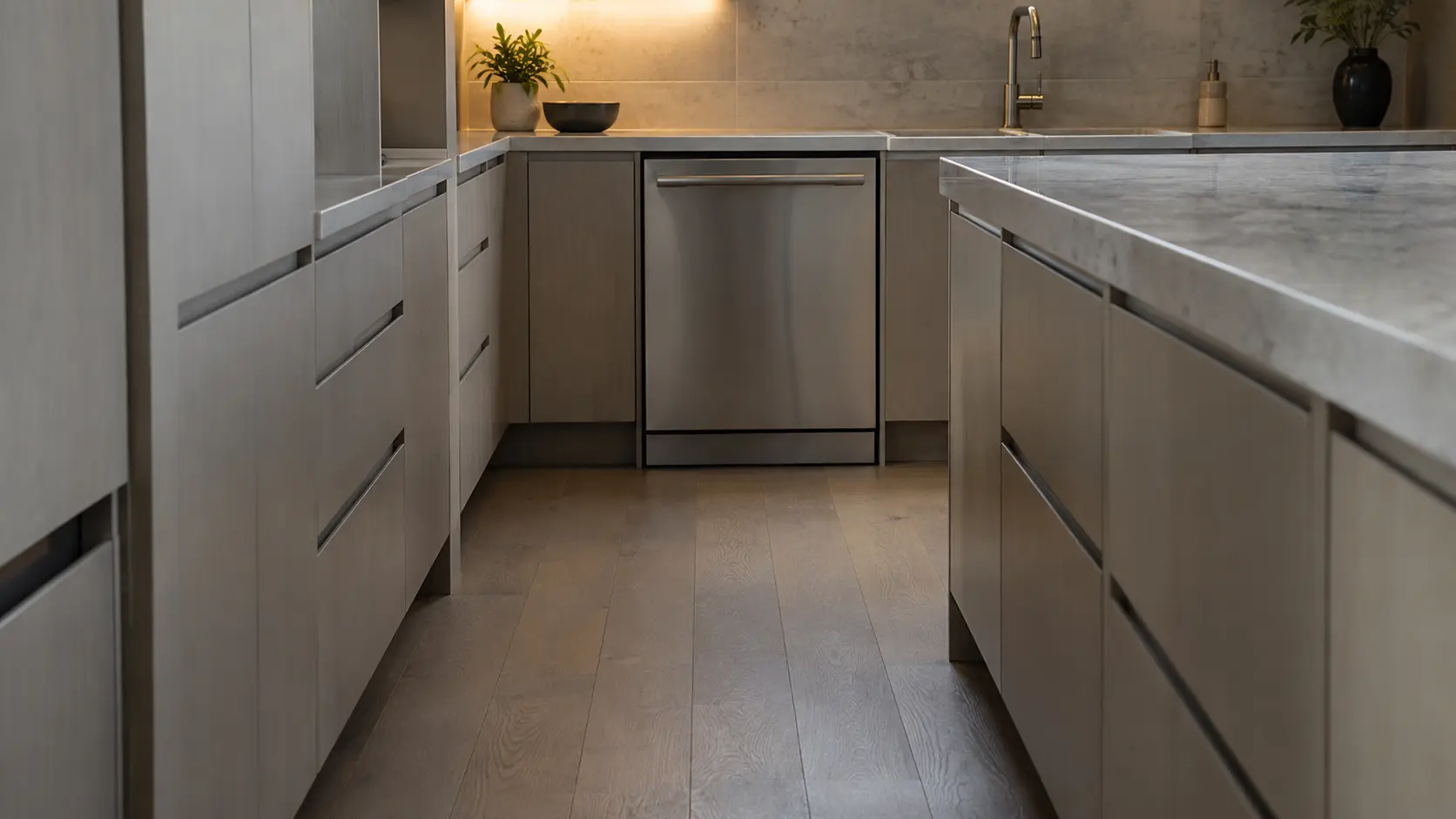 A dishwasher in a newer valley-suburb kitchen with pale fronts and a wide island.