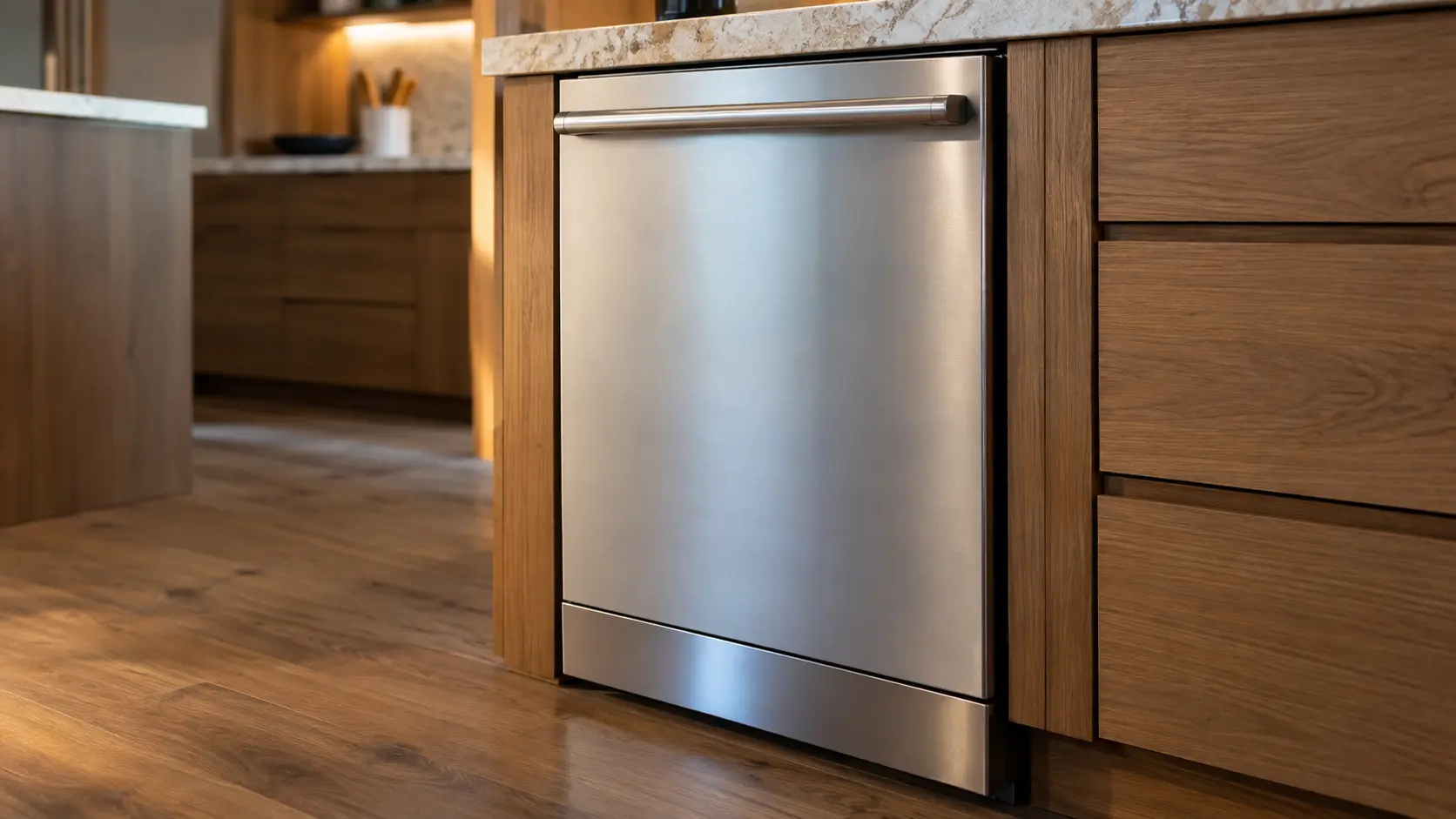 A dishwasher in a wooded hillside house kitchen lined in timber with a heavy worktop.