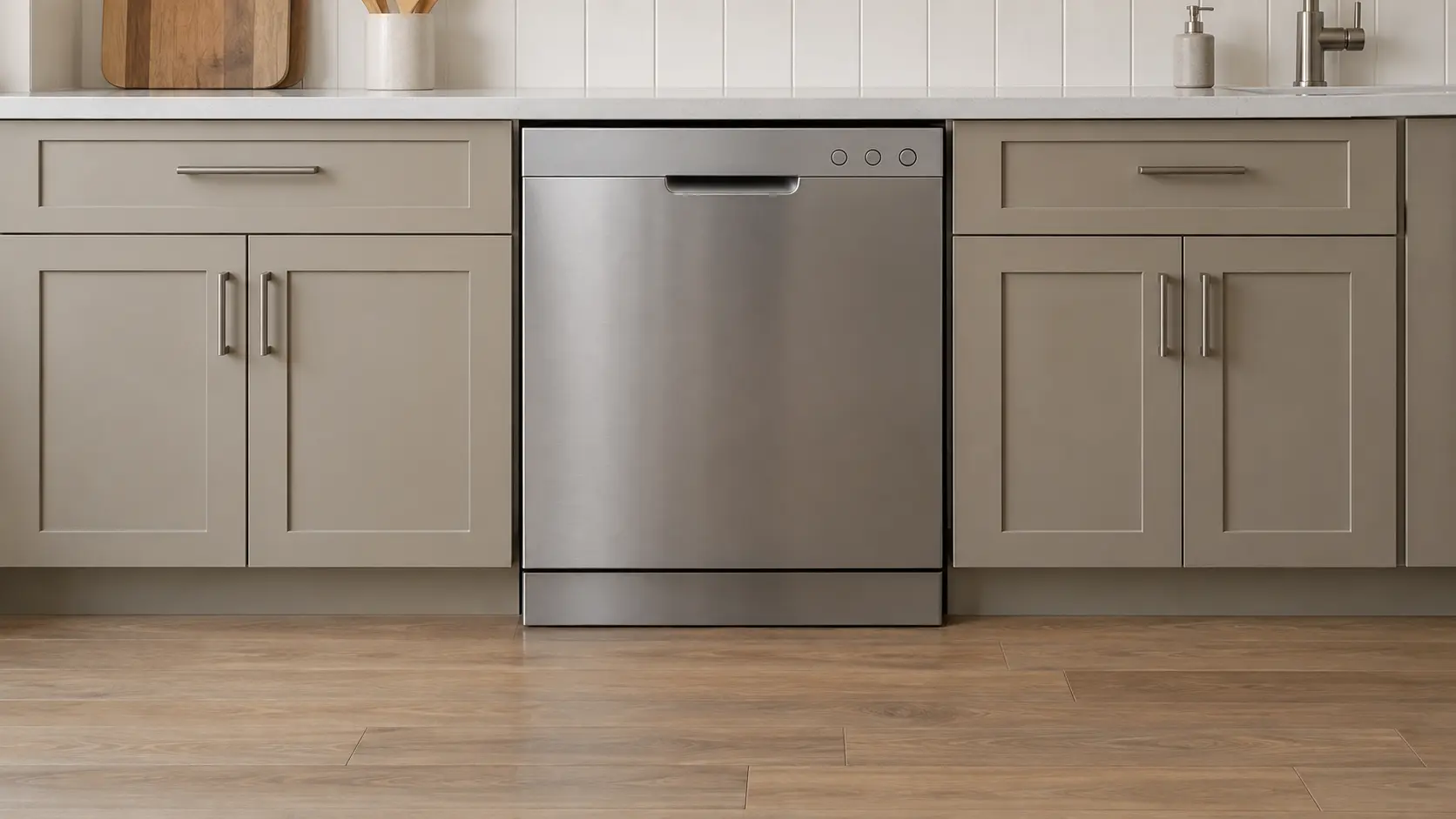 A dishwasher in a narrow city flat kitchen with painted paneling and a single run of units.