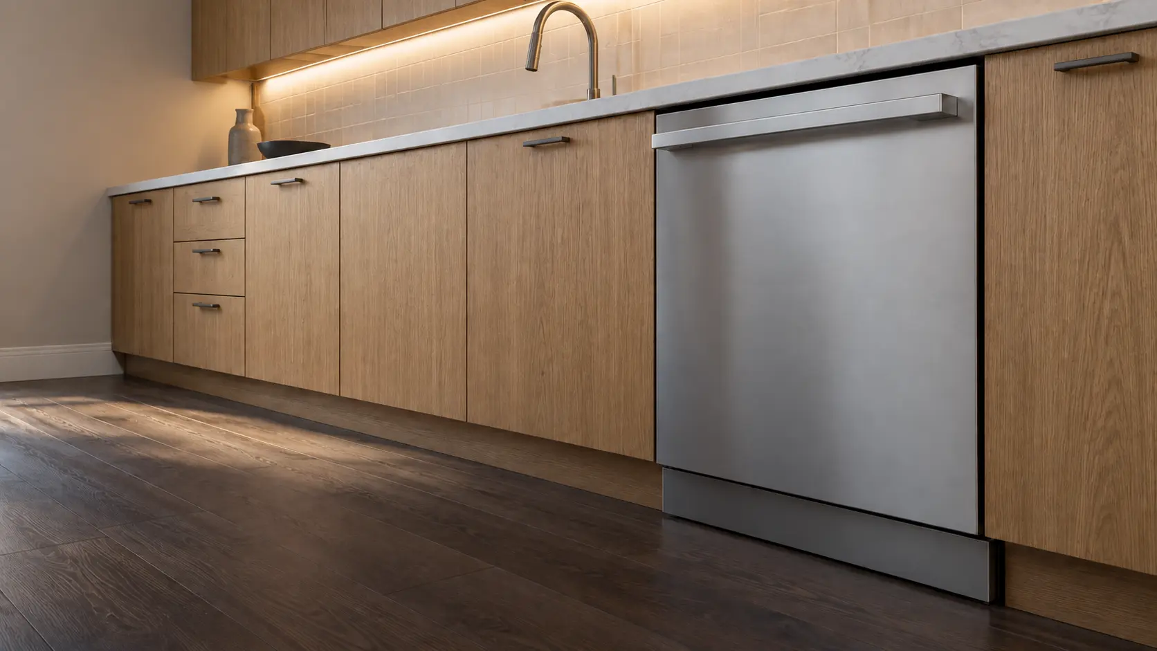 A dishwasher in a peninsula ranch-house kitchen with flat timber fronts and a long worktop.