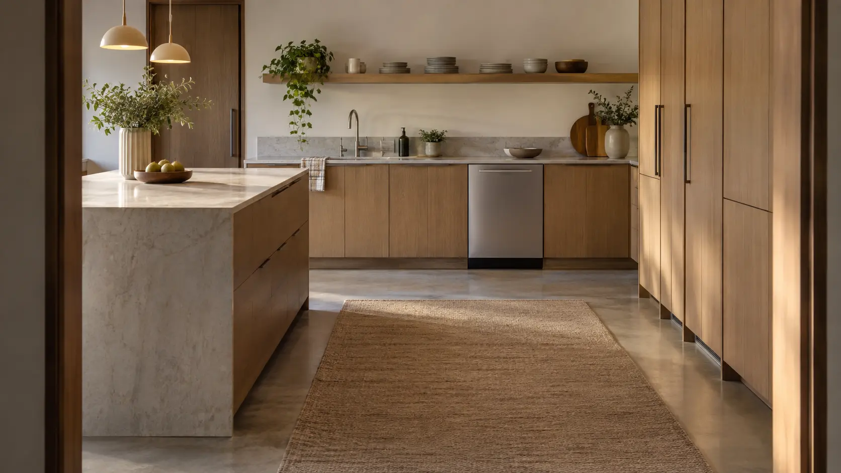 A dishwasher in a mid-century modern kitchen with flat-panel cabinetry and a plain island.