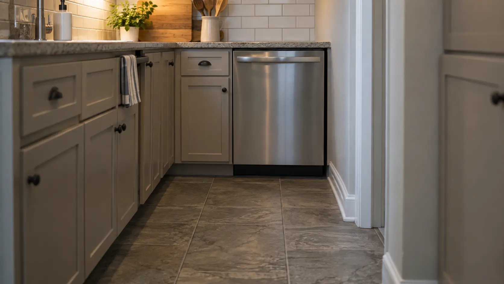 A dishwasher in a Chicago bungalow kitchen with painted cabinetry and a tiled floor.