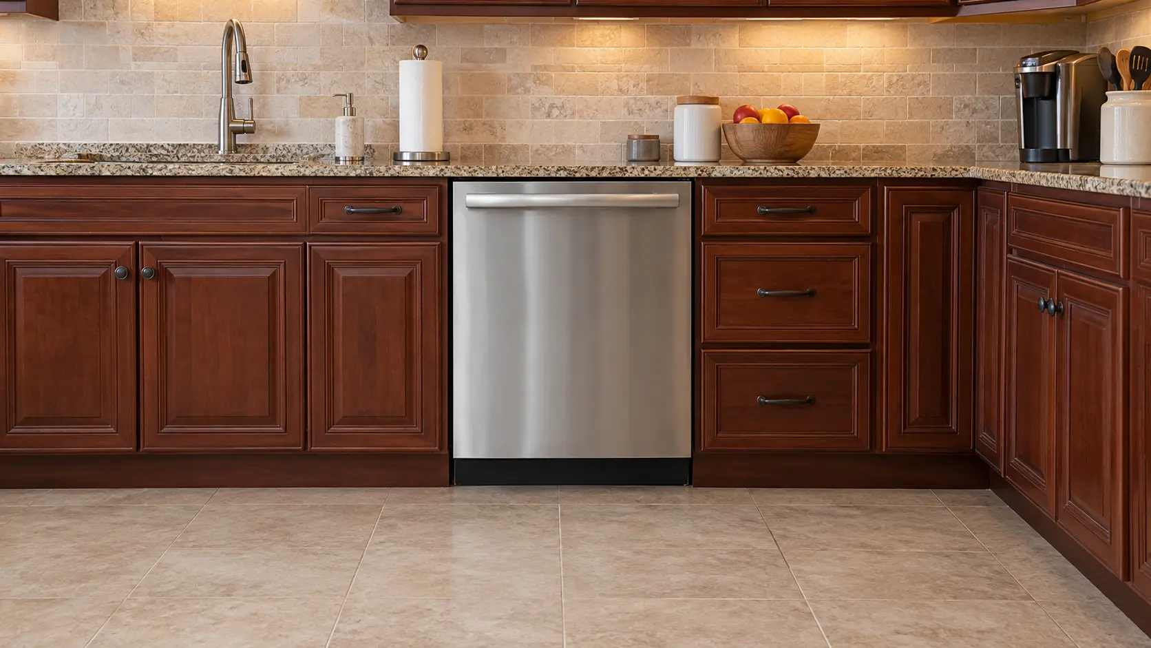 A dishwasher in a large traditional suburban kitchen in cherry cabinetry with a granite worktop.