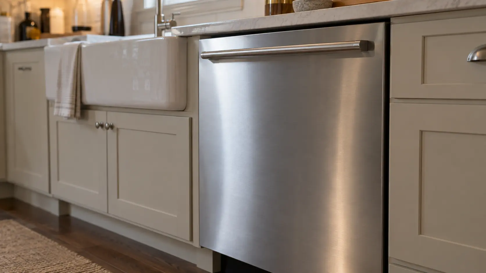 A dishwasher in a farmhouse-style kitchen with painted cabinetry and a deep sink.