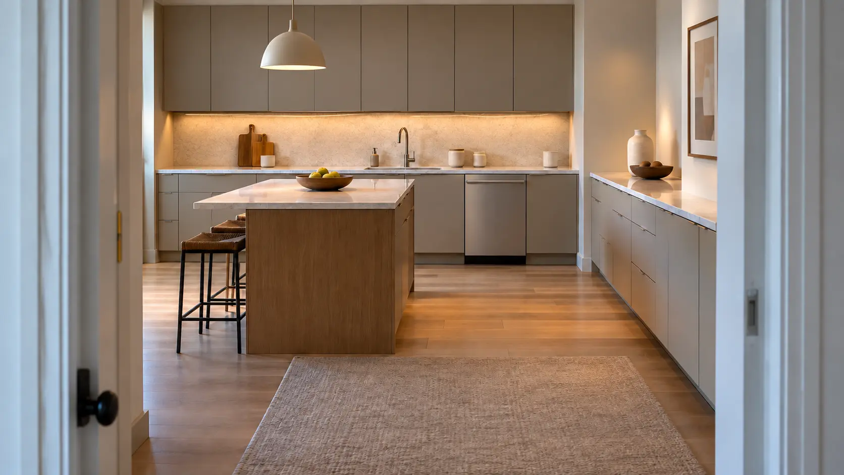 A dishwasher in a newer subdivision kitchen with plain fronts and a compact island.