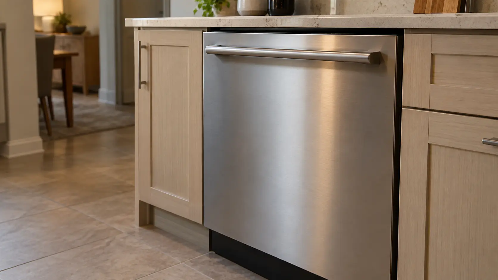 A dishwasher in a plain coastal-plain house kitchen with laminate fronts and a tiled floor.