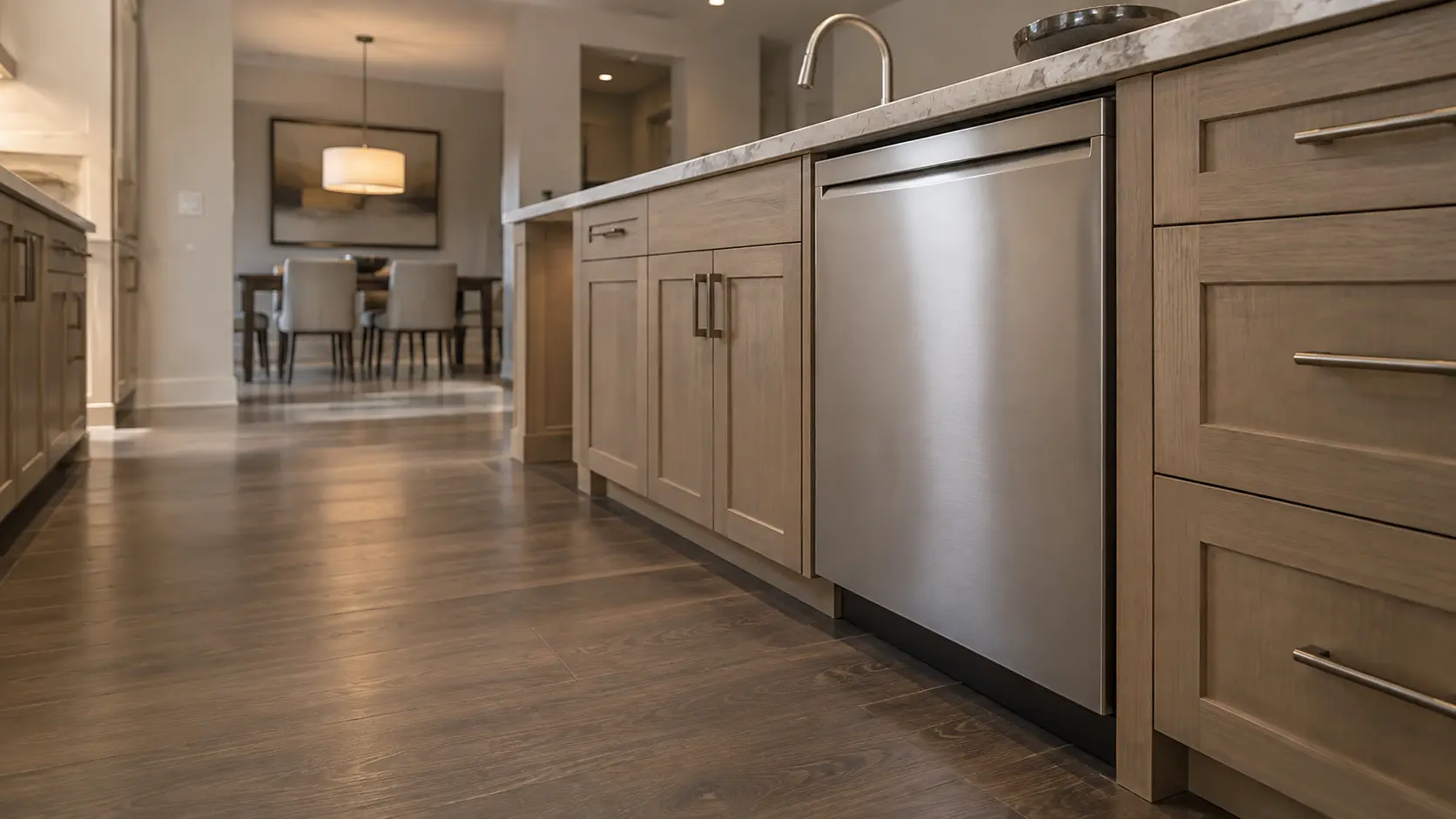 A dishwasher in a large master-planned suburb kitchen with a long island and matched appliances.