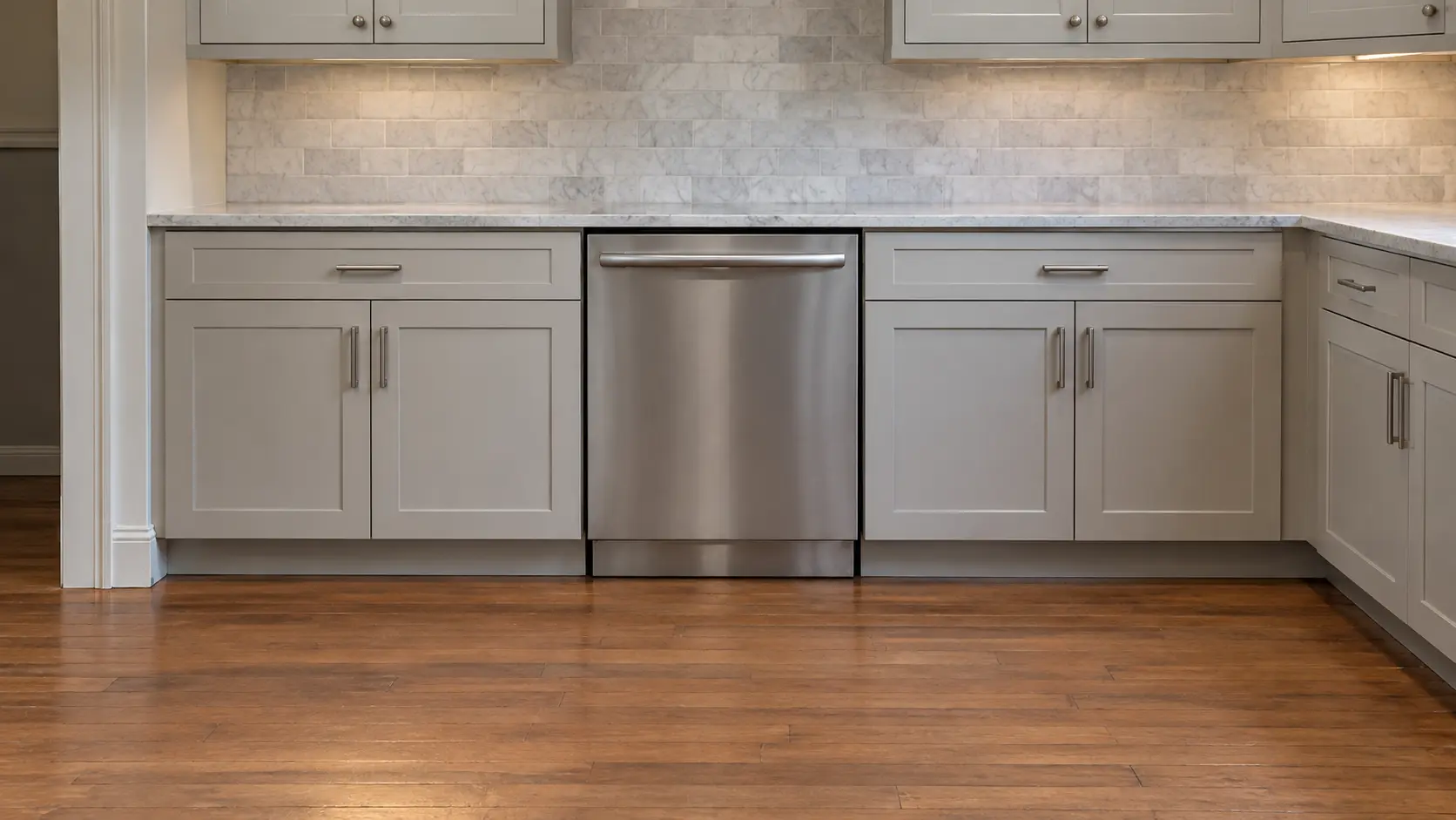 A dishwasher in an inner-city kitchen in an older house, updated fronts on older bones.