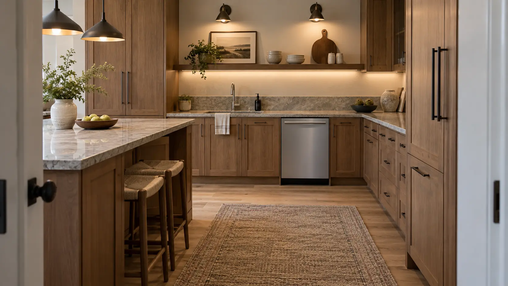A dishwasher in a wooded-lot house kitchen in stained cabinetry with a heavy worktop.
