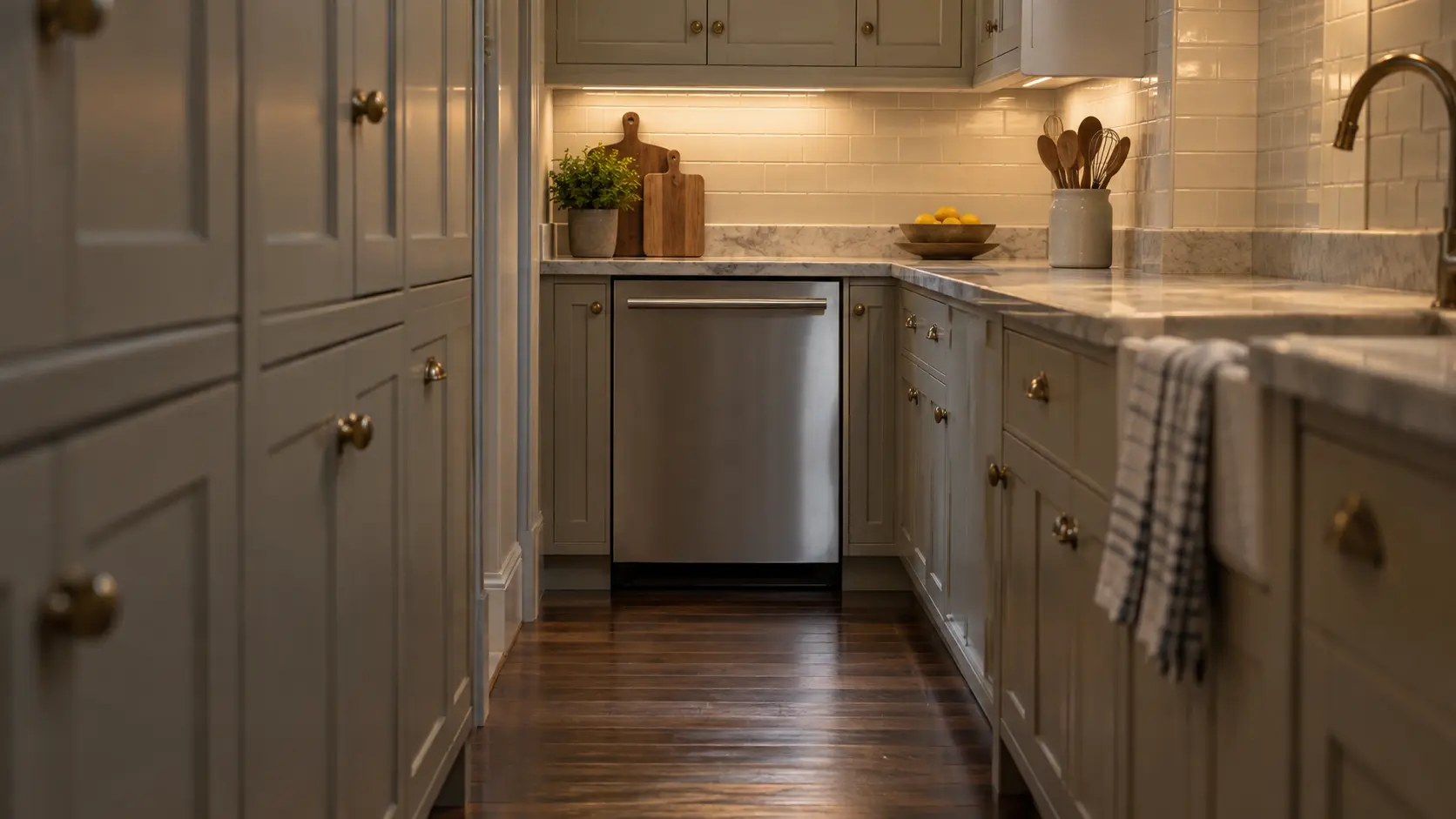 A dishwasher in a brownstone garden-level kitchen with tall painted cabinetry and a tiled splashback.