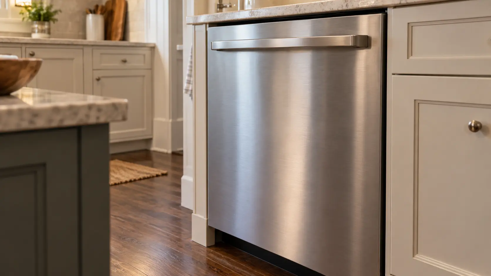 A dishwasher in a post-war colonial kitchen in painted cabinetry with a small island.