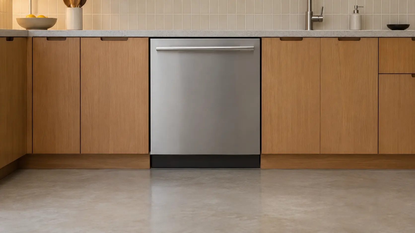 A dishwasher in a co-op apartment kitchen with mid-century bones and newer fronts.