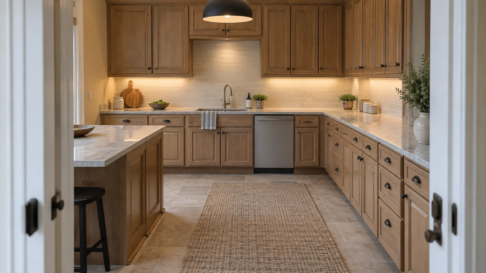 A dishwasher in a detached suburban house kitchen with raised-panel cabinetry.