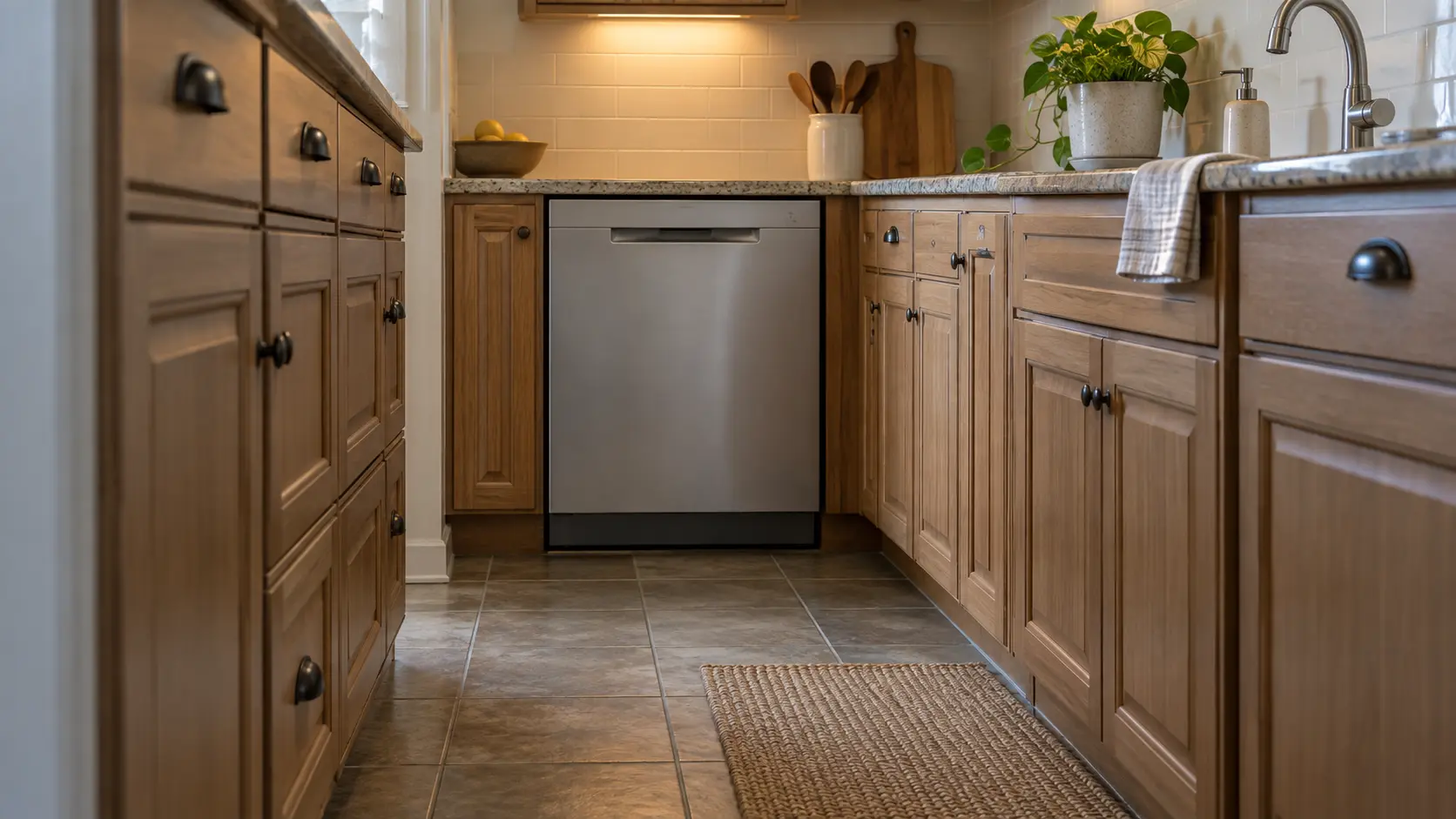 A dishwasher in an older suburban kitchen with paneled wood cabinetry and a bay of units.