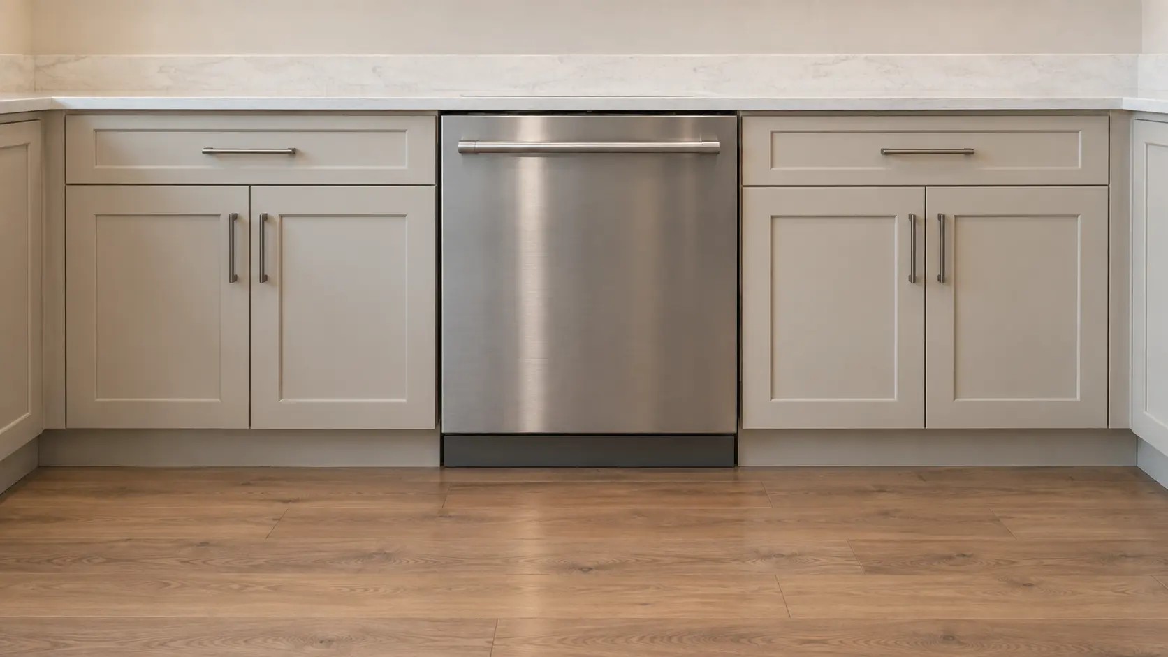 A dishwasher in a lakeside house kitchen in painted timber with a broad worktop.