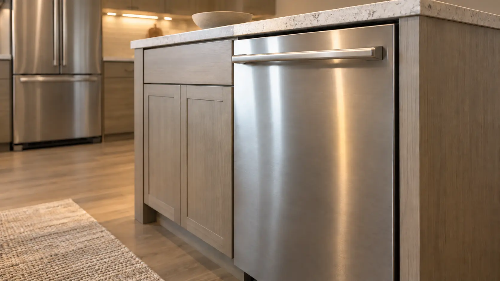 A dishwasher in an open-plan kitchen in a planned community, matched appliances and a wide island.