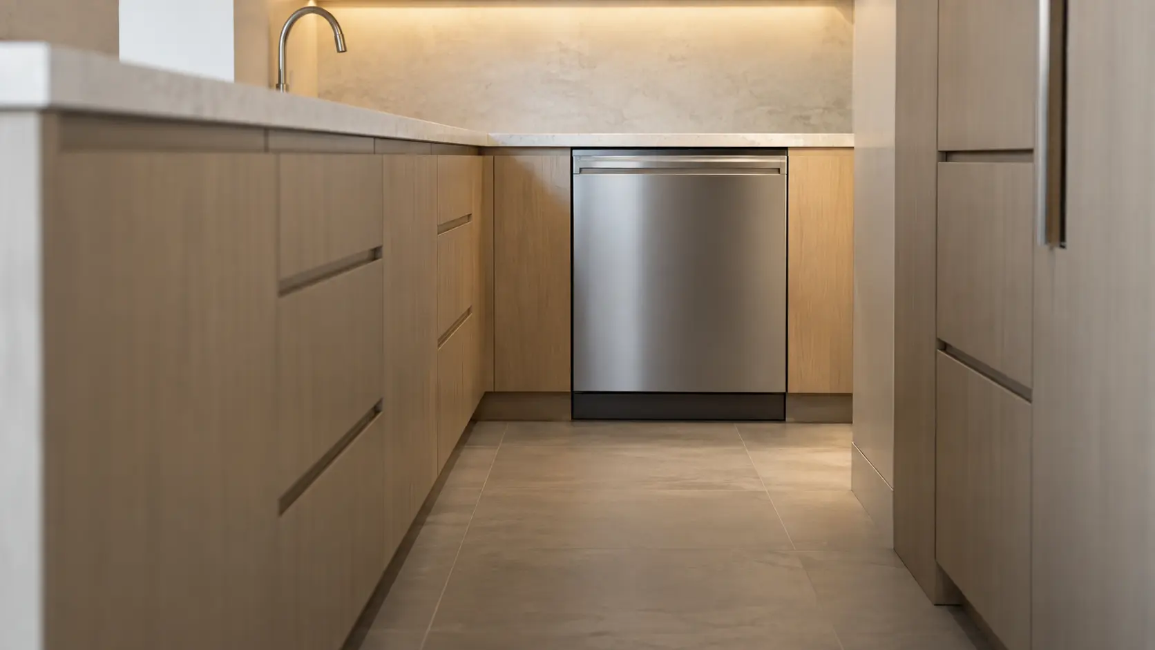 A dishwasher in a neutral vacation-home kitchen, everything new, nothing personal on the surfaces.
