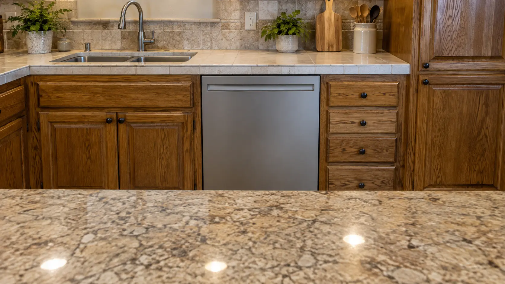A dishwasher in an older ranch-house kitchen with stained oak cabinetry and a tiled worktop.
