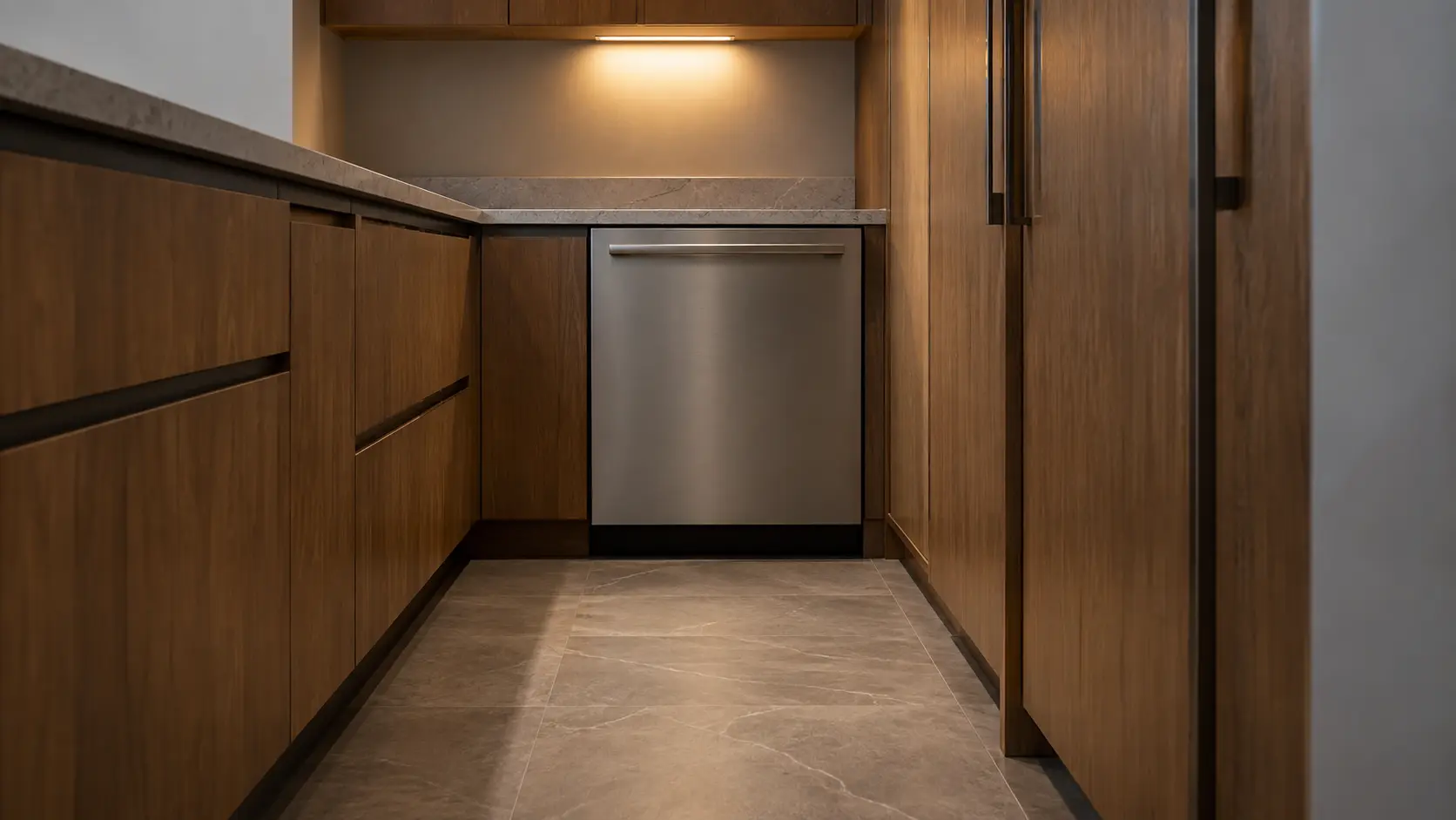 A dishwasher in a hillside canyon-house kitchen in warm timber with a compact plan.