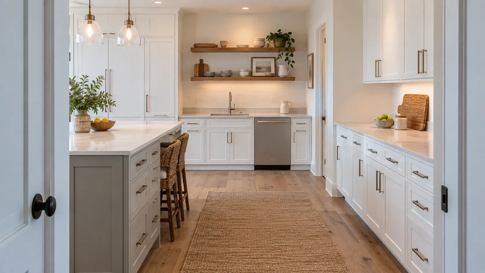 A dishwasher in a bright waterfront house kitchen in white cabinetry and light stone.