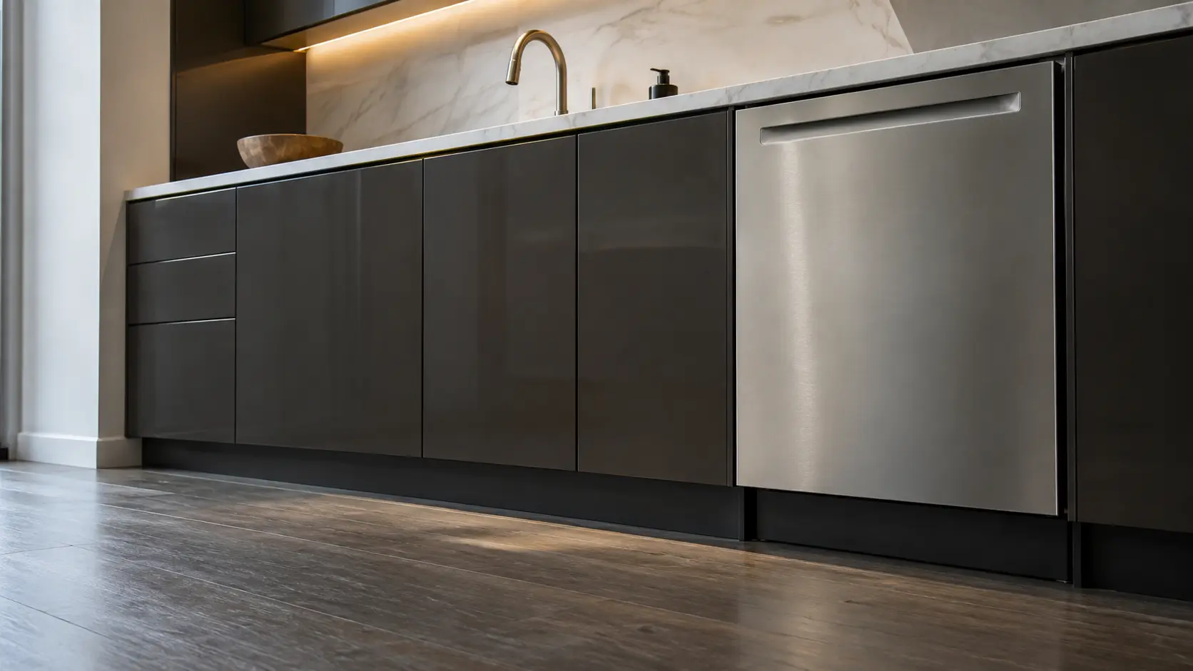 A dishwasher in a high-rise apartment kitchen in dark lacquer and pale stone.