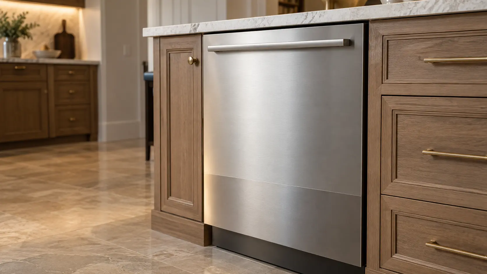 A dishwasher in a formal estate kitchen in warm timber with marble and brass.