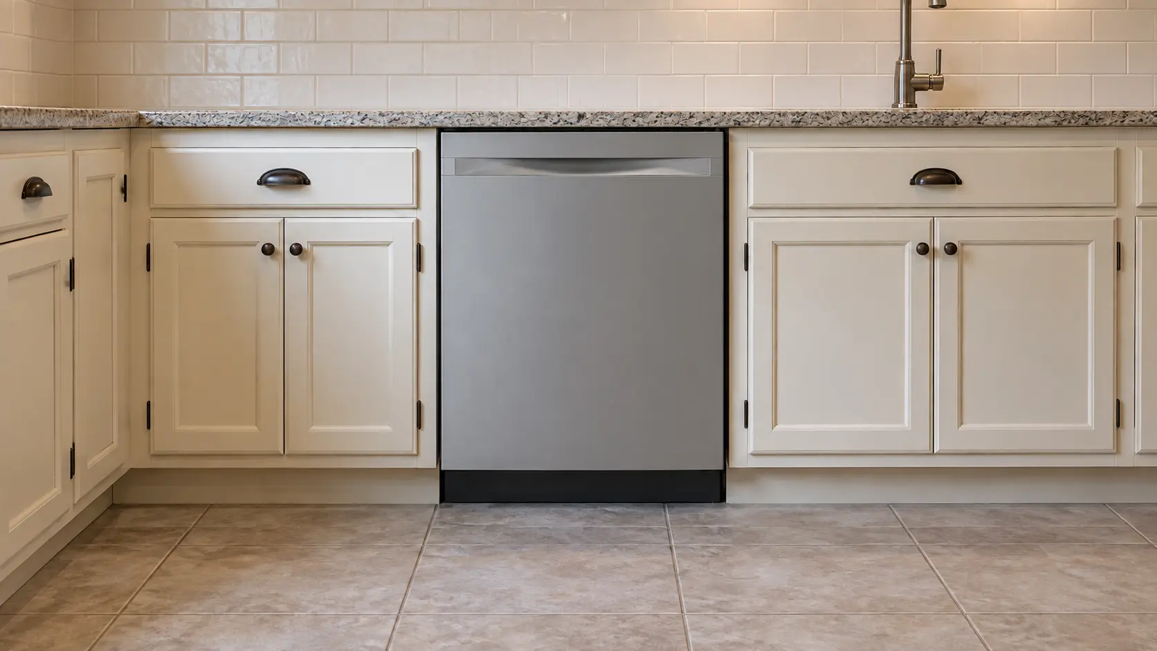 A dishwasher in an older city bungalow kitchen with painted wood cabinetry and a tiled floor.