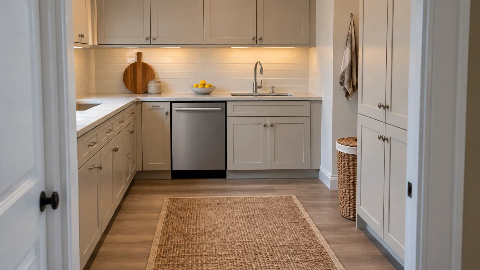 A dishwasher in a newly built suburban kitchen with plain shaker cabinetry and a laminate worktop.