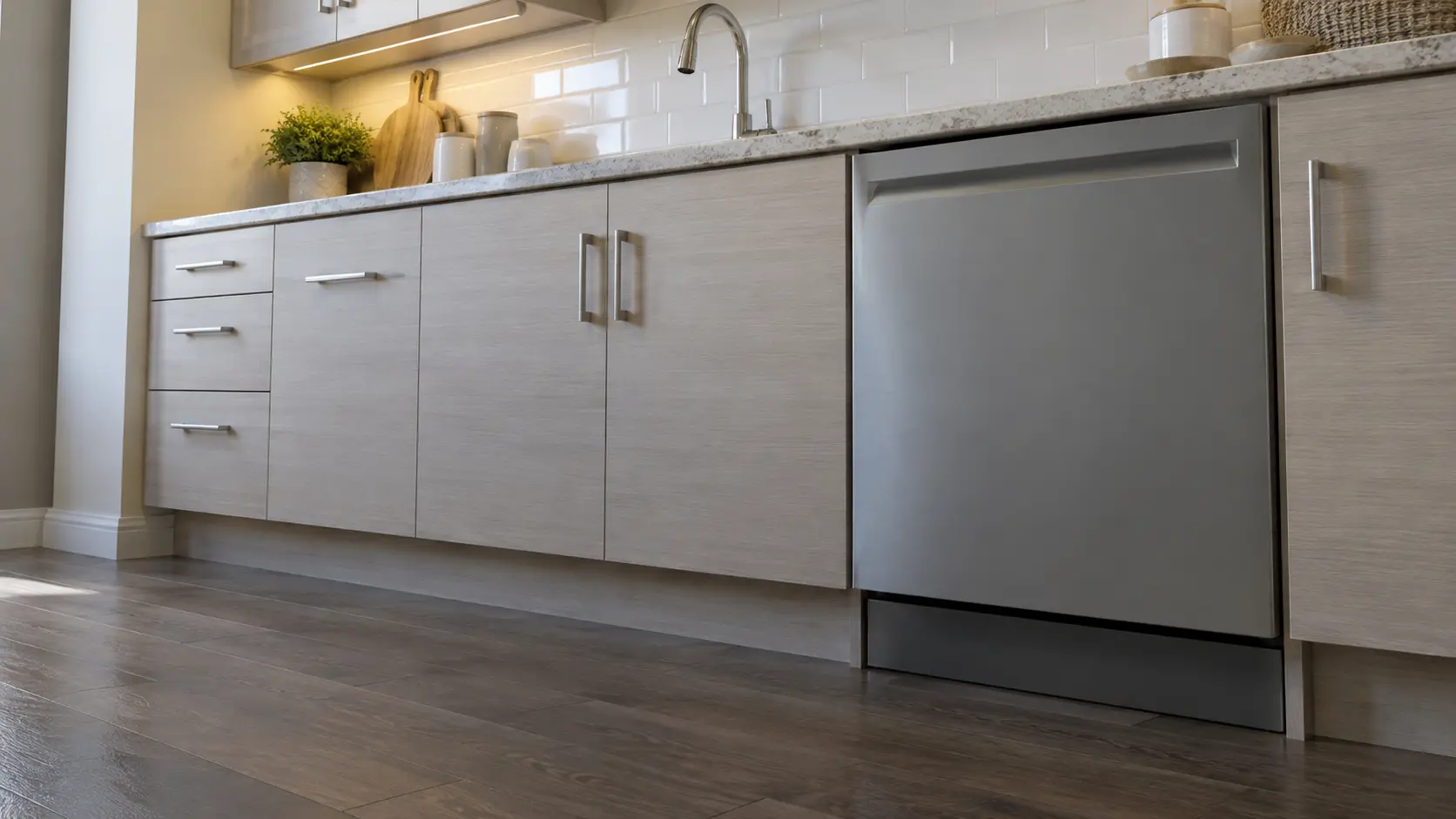 A dishwasher in a compact coastal condominium kitchen in pale laminate and white tile.