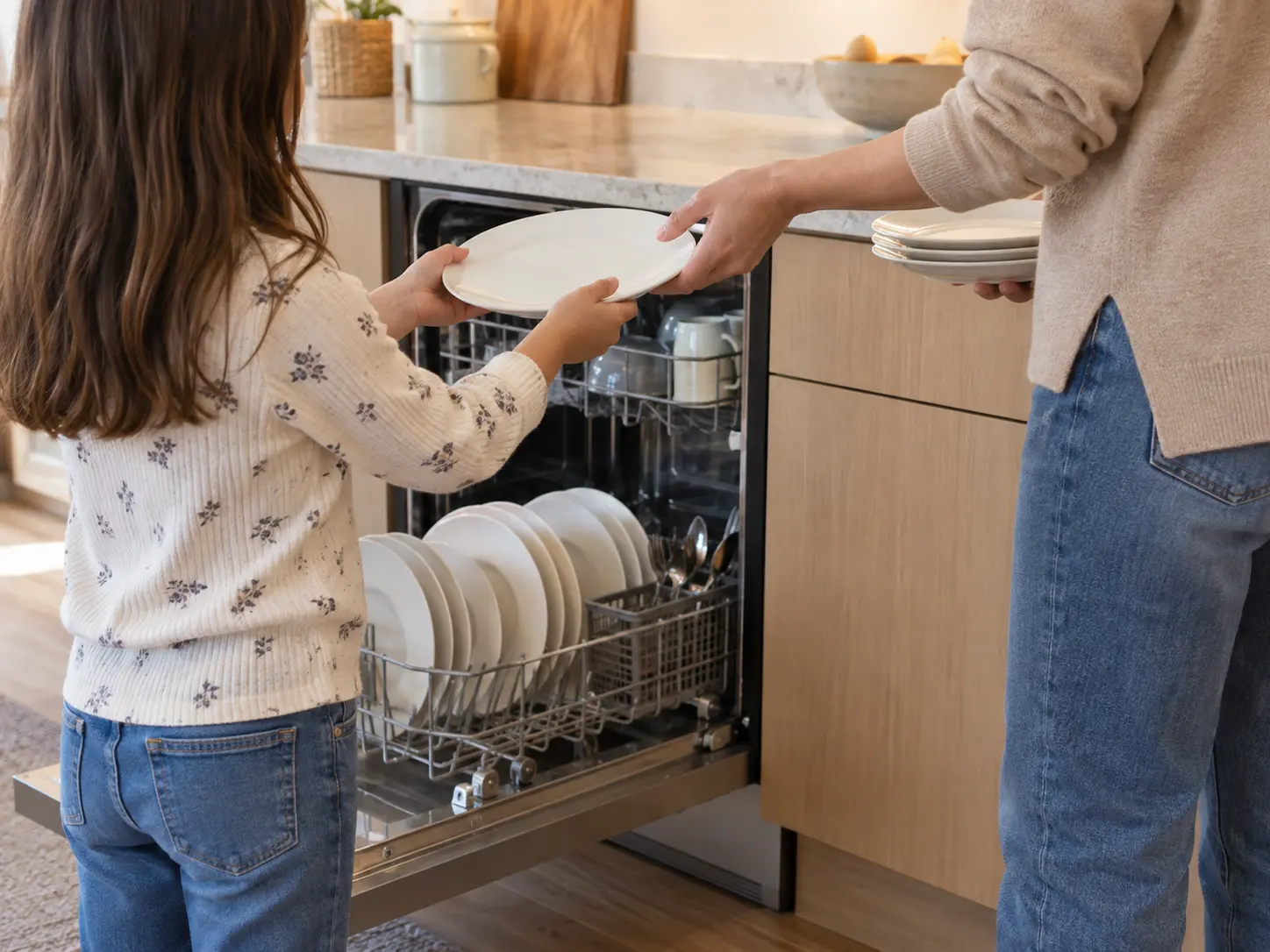 A family unloading clean plates from an open dishwasher together in a bright contemporary kitchen, a child handing a plate to a parent