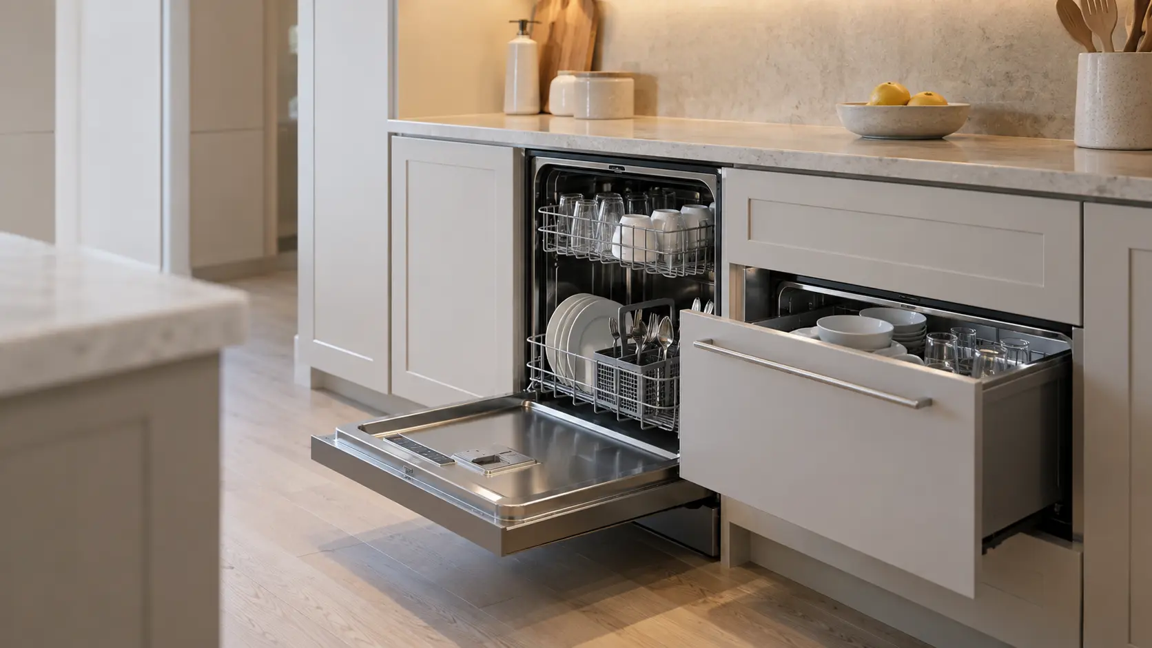 A built-in dishwasher and an open single dish drawer side by side in a pale kitchen run.