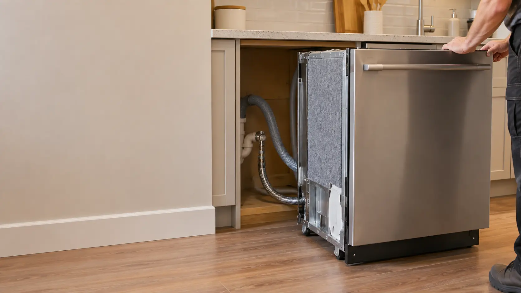 The drain hose and water supply line behind a dishwasher pulled out of its cabinet opening.
