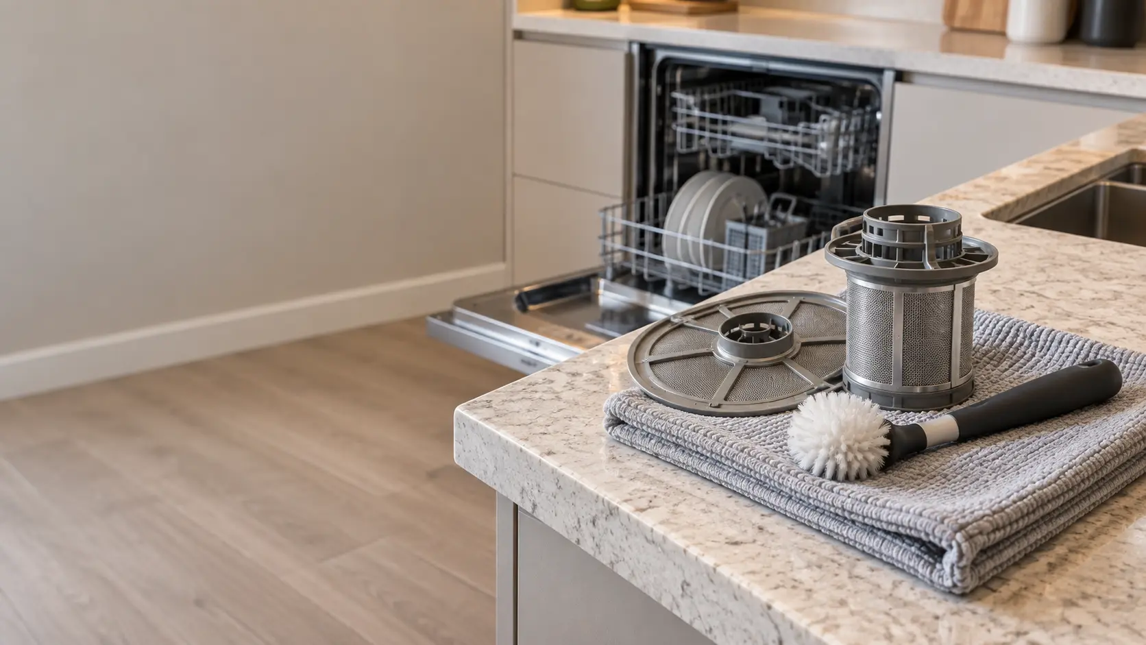 A filter assembly and a soft brush resting on a folded towel beside an open dishwasher.