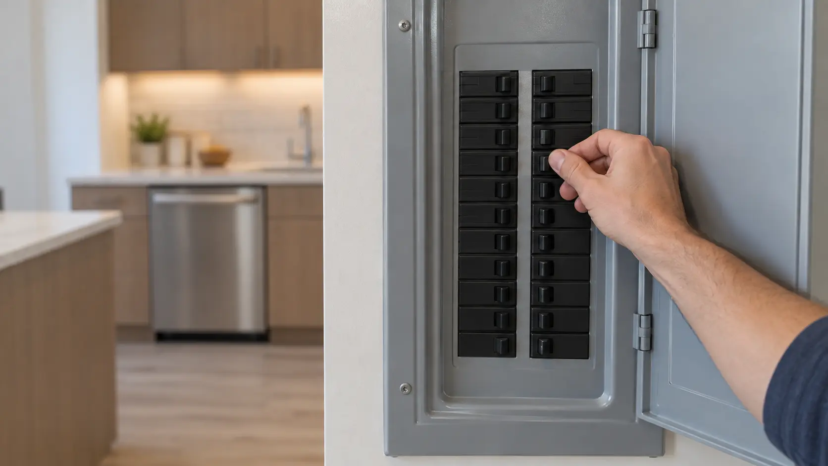 A hand switching off a labeled-blank breaker in a panel, a closed dishwasher out of focus in the kitchen beyond.