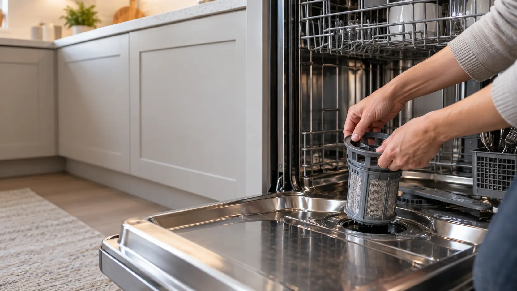 A homeowner's hands lifting the cylindrical filter out of the floor of an open dishwasher tub.
