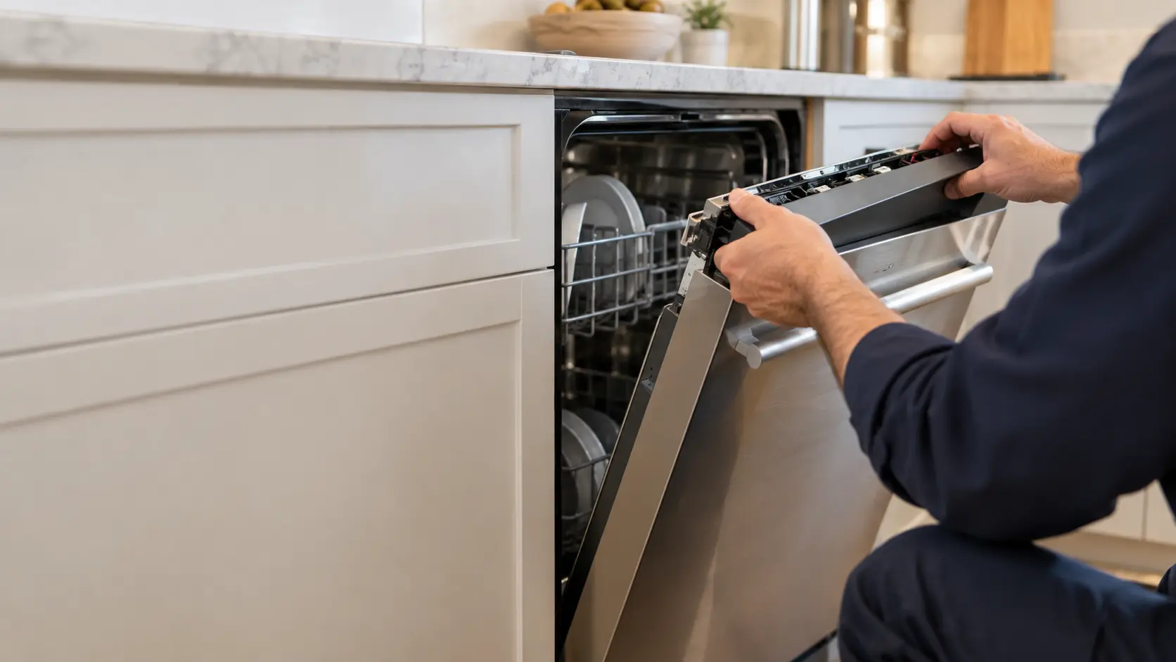 A technician holds a dishwasher control panel open at the top edge of the door in a US home kitchen.