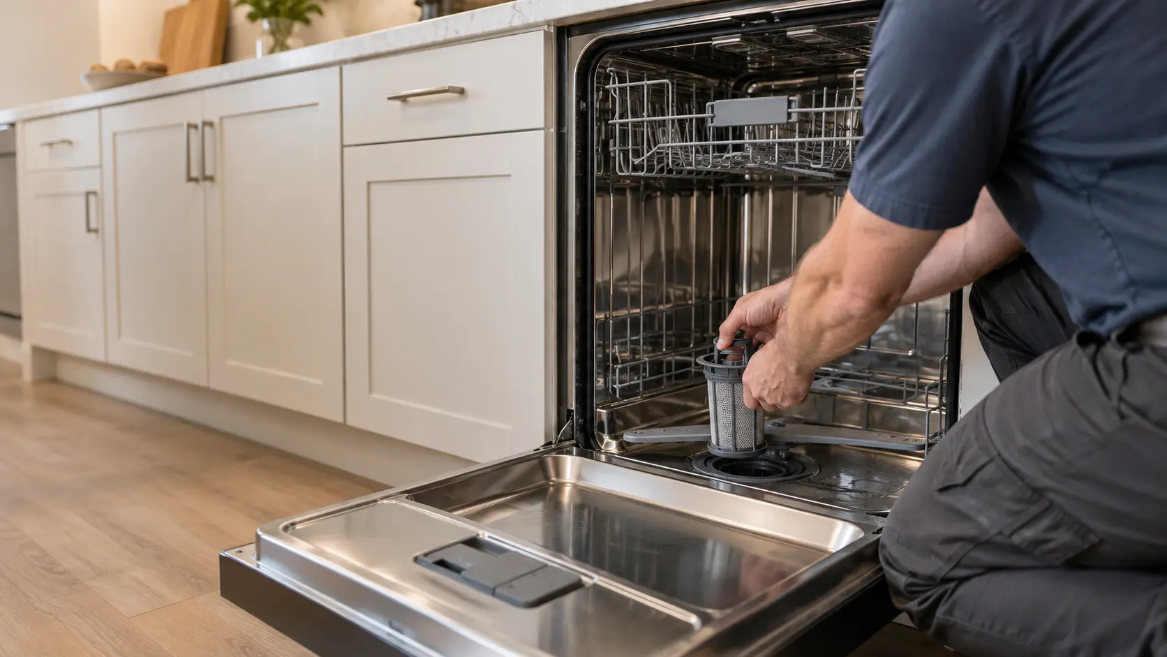 A technician in a US home kitchen kneels at an open built-in dishwasher, lifting the filter out of the tub floor.