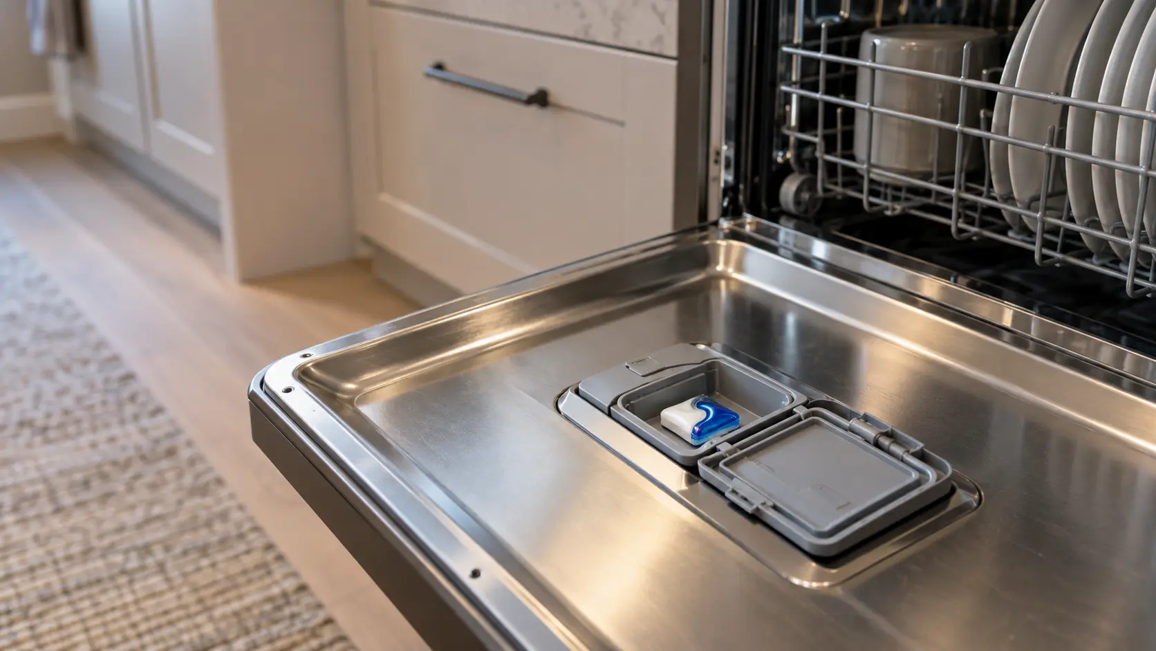 The inside of an open dishwasher door shows the detergent cup with its lid open and a pod still inside, in a US home kitchen.
