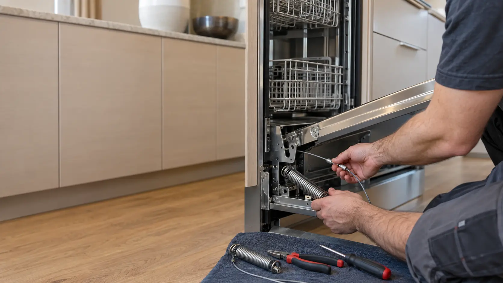 A technician replaces a hinge spring and cable at the base of a built-in dishwasher in a US home kitchen.