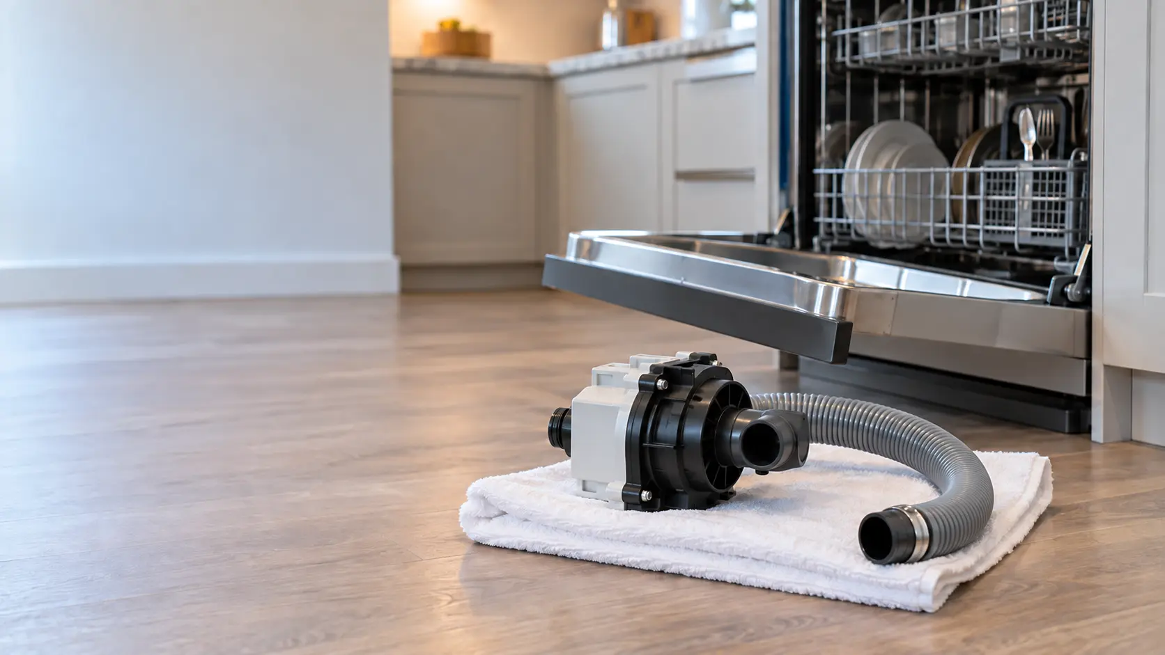 A drain pump and its hose lie on a towel beside an open dishwasher in a US home kitchen.