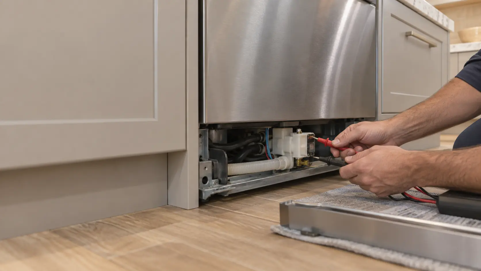 Hands test a dishwasher water inlet valve with a meter under an open toe kick in a US home kitchen.