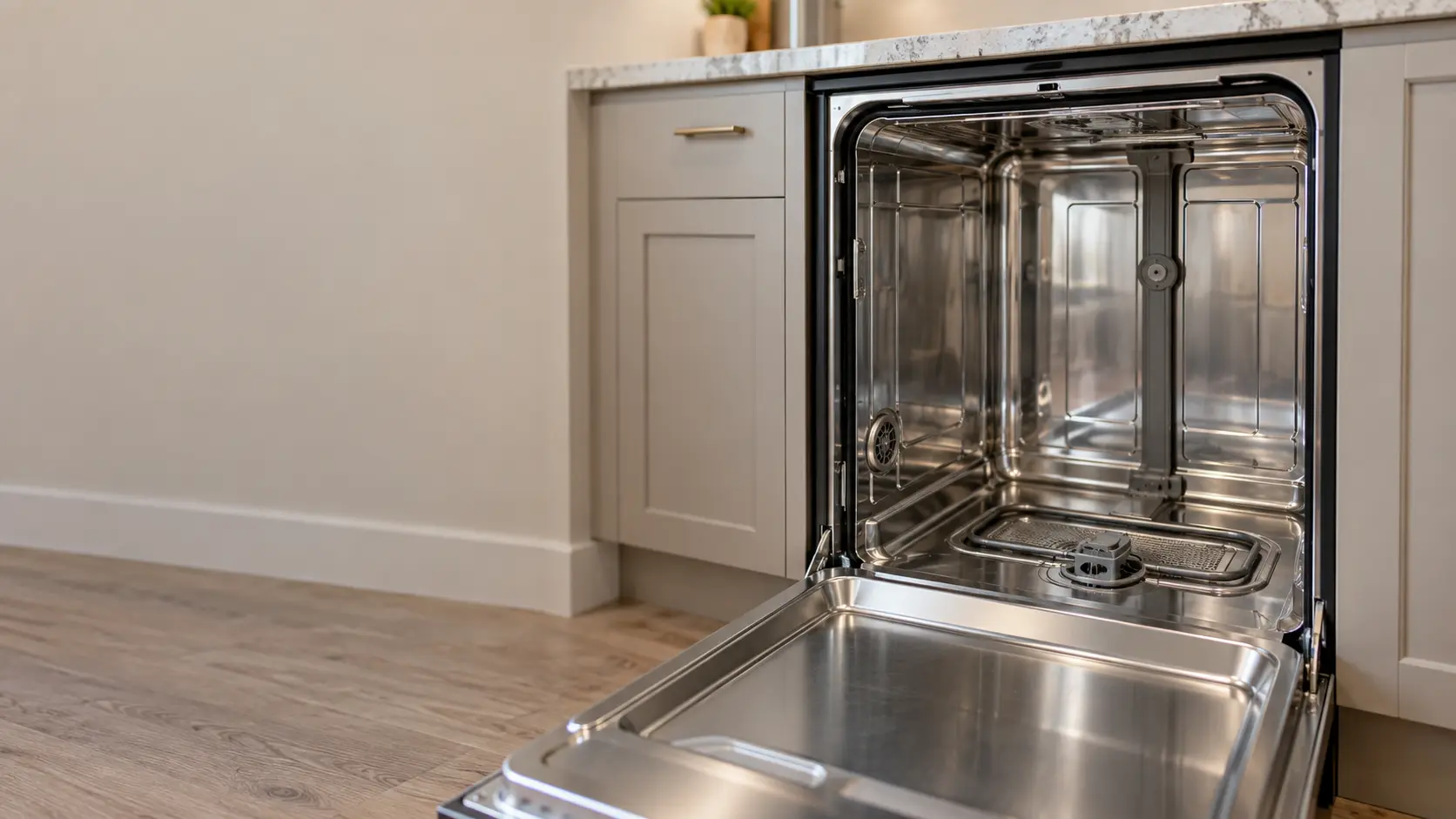 The heating element loop runs across the floor of an empty stainless dishwasher tub in a US home kitchen.