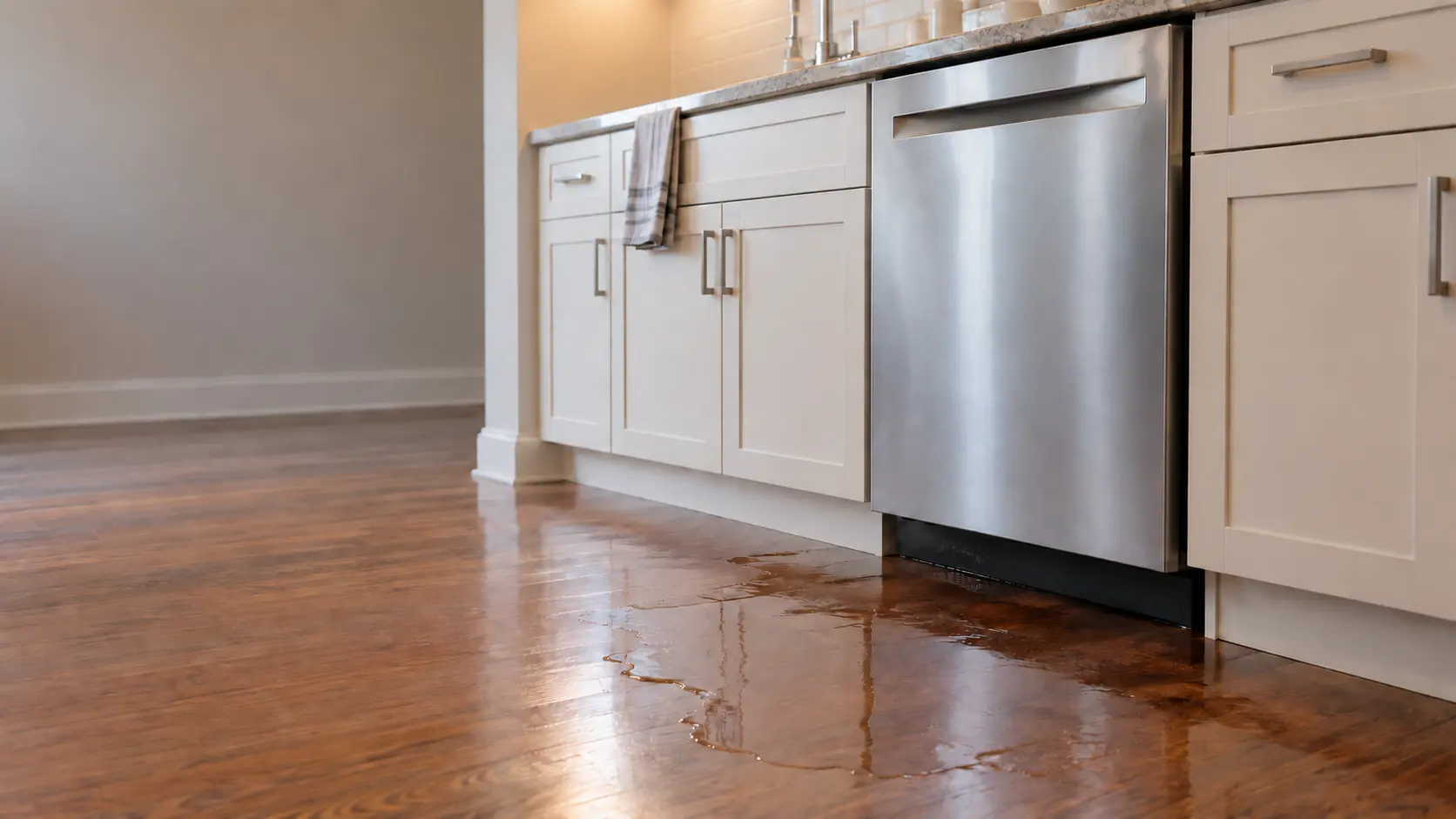 Water pools on a hardwood floor in front of a built-in dishwasher in a US home kitchen.