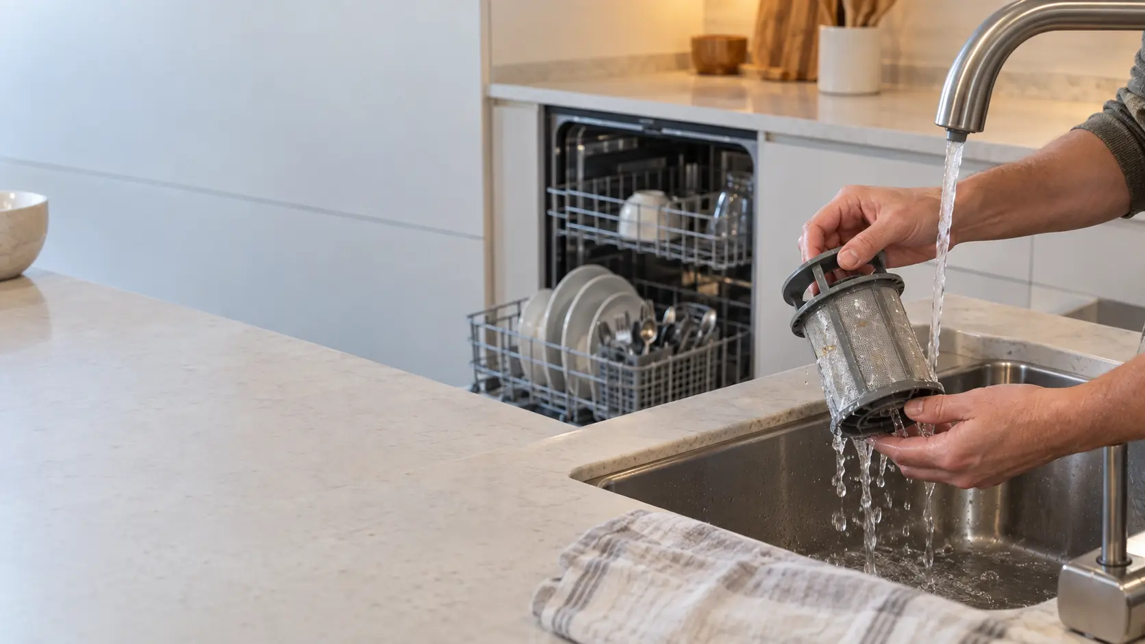 A cylindrical dishwasher filter is rinsed under a kitchen faucet next to an open dishwasher in a US home kitchen.