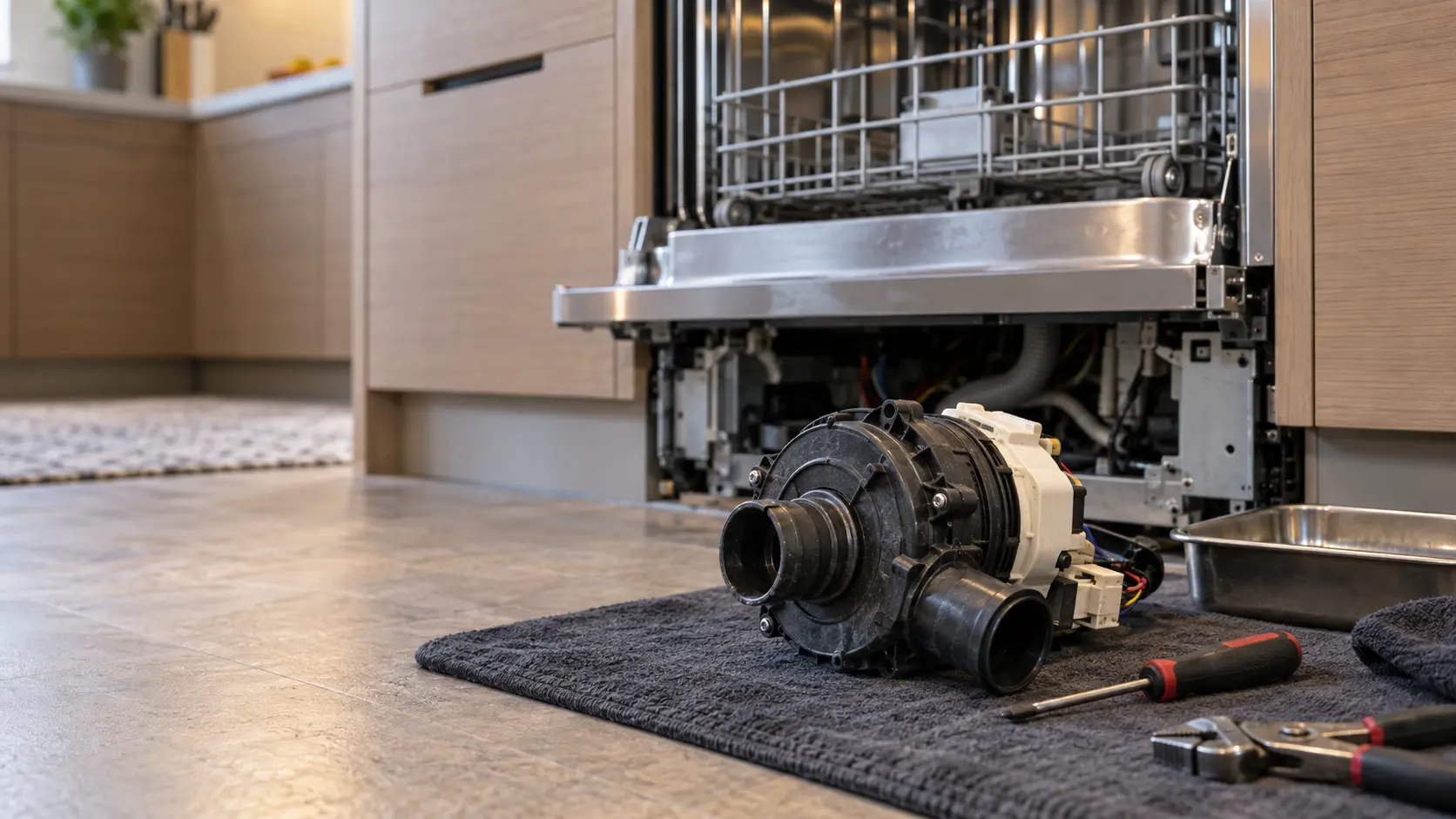A dishwasher circulation pump assembly rests on a workmat below an open tub in a US home kitchen.