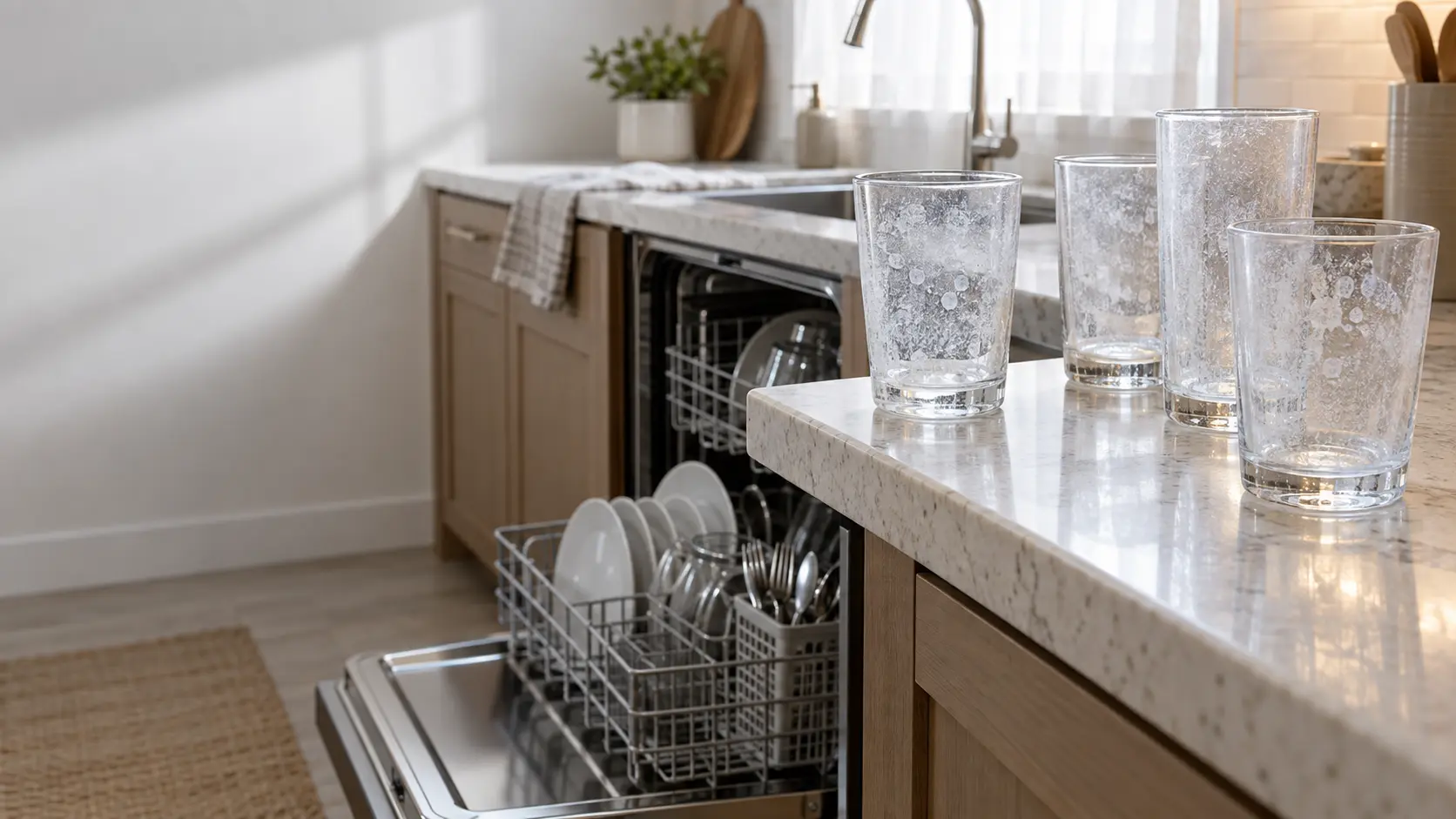 Several drinking glasses on a kitchen counter next to an open dishwasher, their surfaces cloudy with a white haze held up against window light.