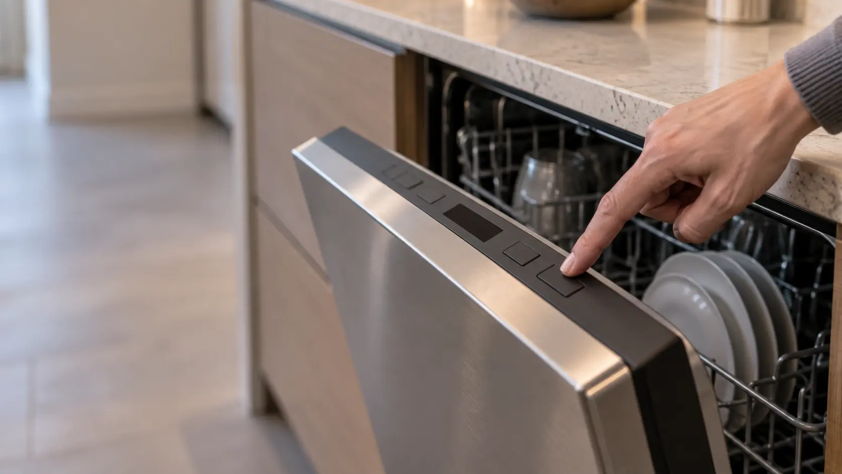 A close view of a finger pressing a button on a dishwasher's hidden top-edge control strip with the door tilted open, the display dark.