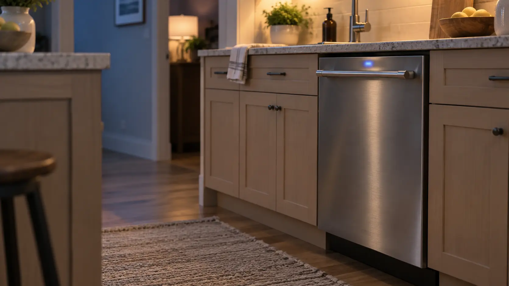 A dishwasher control panel lit up with a small digital countdown glowing on the door edge, the machine closed and running under evening kitchen lights.