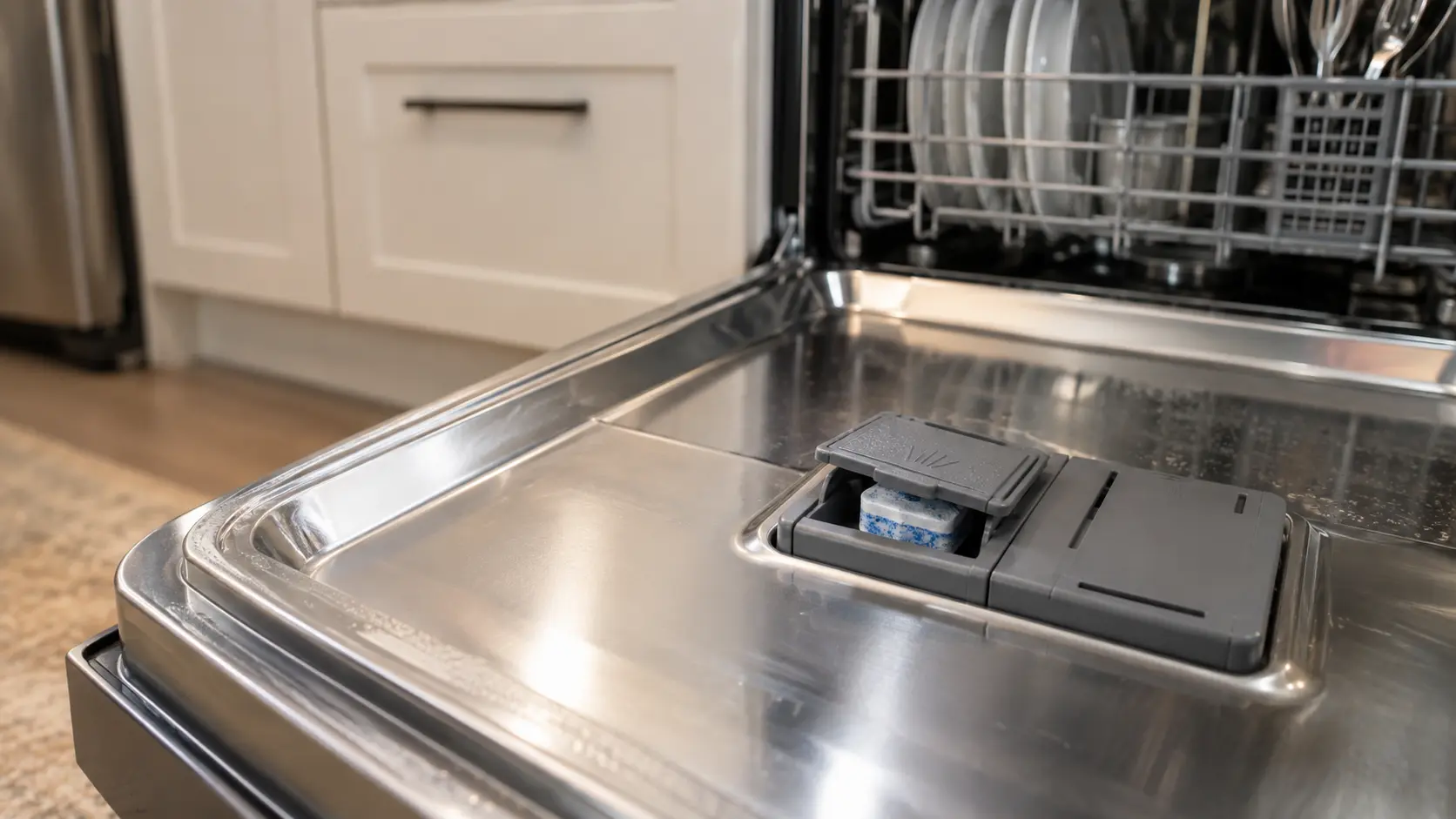 The inside of an open dishwasher door with the detergent cup still closed and a half-dissolved pod visible through the gap after a cycle.
